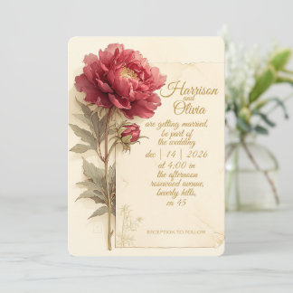 Red Peony Elegant Romantic Vintage Wedding Inbjudningar