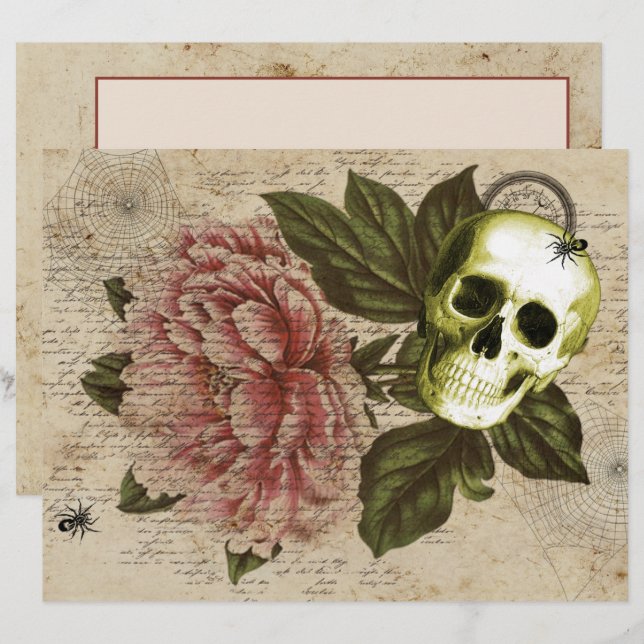 Red Peony Steampunk Skull Ephemera Brevhuvud (Fram/baksida)