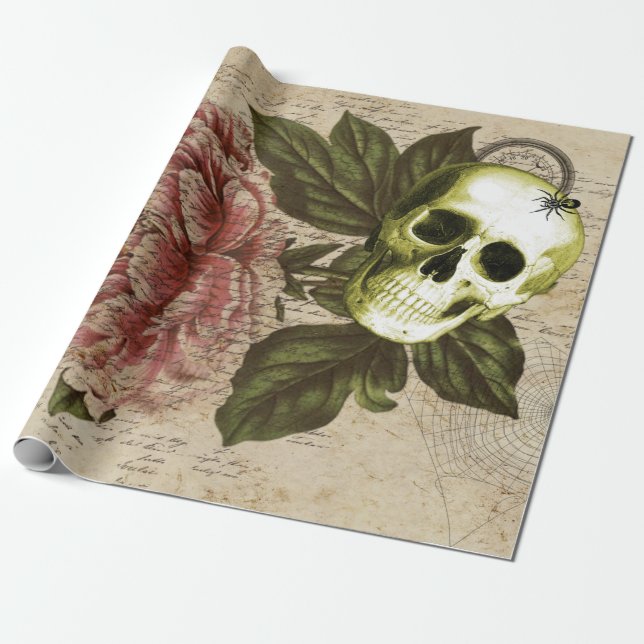 Red Peony Steampunk Skull Ephemera Presentpapper (Utrullad)