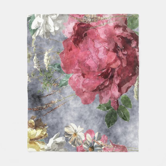 Red Peony Watercolor Blommönster Fleecefilt (Framsidan)