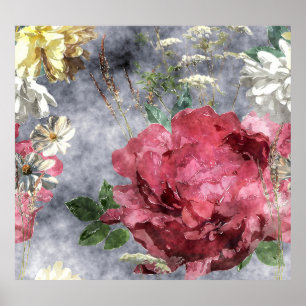 Red Peony Watercolor Blommönster Poster