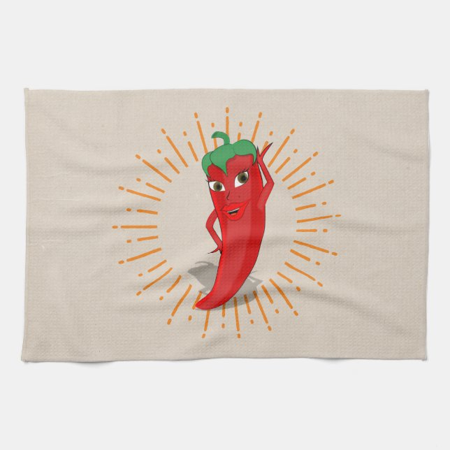 Red Pepper Diva med Vintage Sunburst Teckning Kökshandduk (Horisontell)