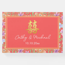 Red Peranakan blommigt dubbla xi Chinese bröllop Gästböcker