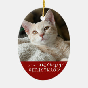 Red Personlig Cat Photo Meowy jul Oval Julgransprydnad Keramik