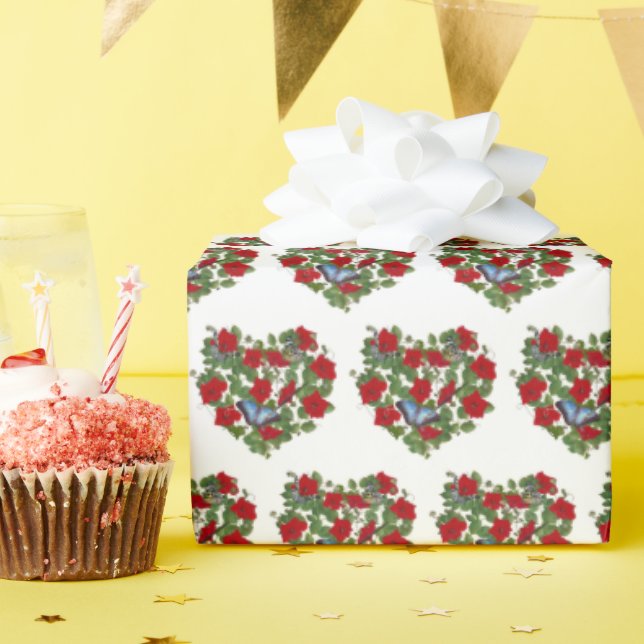 Red Petunia Heart med blå fjäril Presentpapper (Födelsedagsfest)