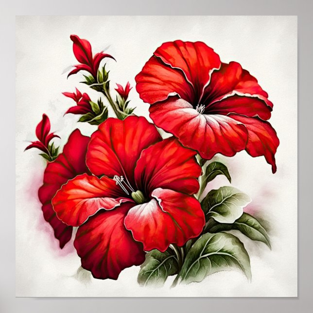 Red Petunias Flower Art Print Poster (Framsidan)