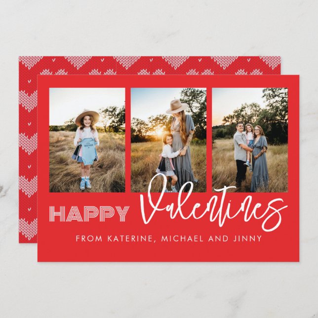 Red Photo Collage Family Card för Lycklig-Valentin Julkort (Fram/baksida)