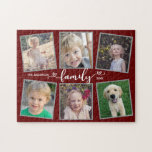 Red Photo Collage (Mörk för Red-hörn för familjerä Pussel<br><div class="desc">Det här fotopusslet är en roligt för vilken familj som helst. Den erbjuder 6 foto ramar för bilder av barn och familjemedlemmar och accentueras med texten "familj" som framstår som modernt hjärtkammussla. Bakgrunden är röd mörk.</div>