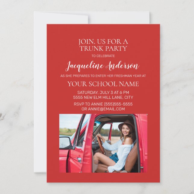Red Photo College Trunk Party Dorm Shower Inbjudningar (Framsida)