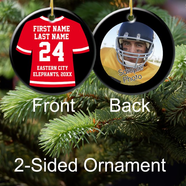 Red Photo Football Soccer Hockey Sports Jersey Julgransprydnad Keramik (custom football sports jersey photo christmas ornament)