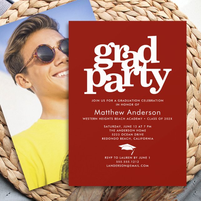 Red Photo Grad Party fet typografi minimalistisk Inbjudningar (Skapare uppladdad)