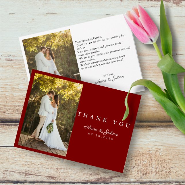 Red Photo Modern Wedding W Note Landscape Tack Kort (Skapare uppladdad)