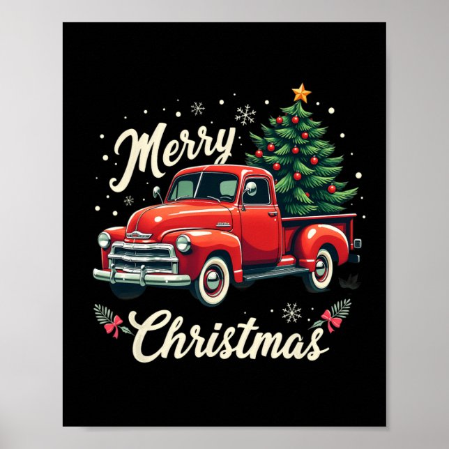Red Pickupare Lastbil God jul Träd Winter Holid Poster (Framsidan)