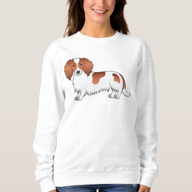 Red Piebald Long Hair Dachshund Cute Tecknad hund T Shirt (Framsida)