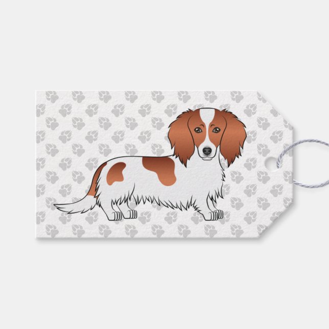 Red Piebald Long Hair Dachshund Tecknad hund & Tas Presentetikett (Framsidan (Horisontell))