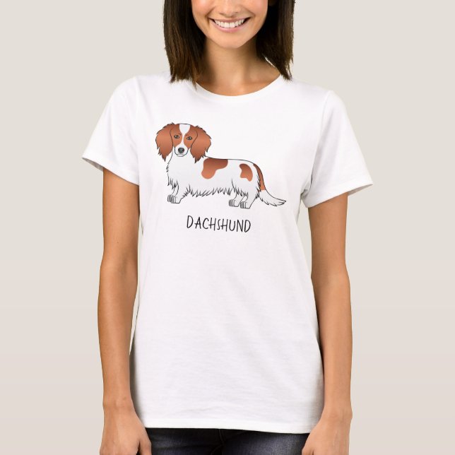 Red Piebald Long Hair Dachshund Tecknad hund & Tex T Shirt (Framsida)