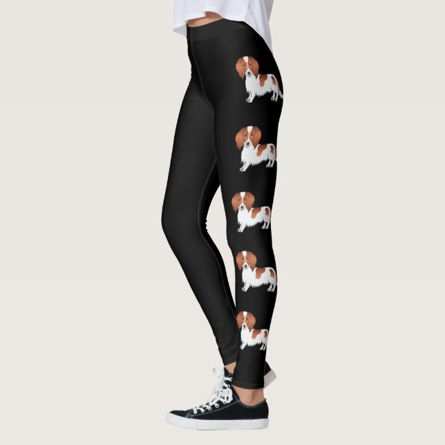 Red Pied Long Hair Dachshund Tecknad hund on Black Leggings (Vänster)