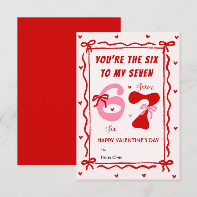 Red Pink 6 7 Meme Coquette Bow Valentines Day Card Anteckningskort (Fram/baksida)
