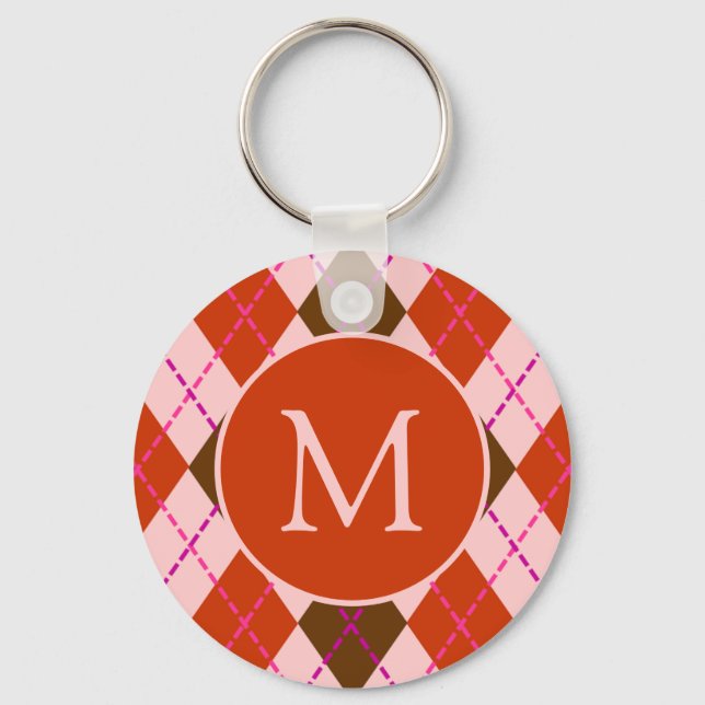 Red Pink and Brown Argyle Pattern Monogram Nyckelring (Framsida)