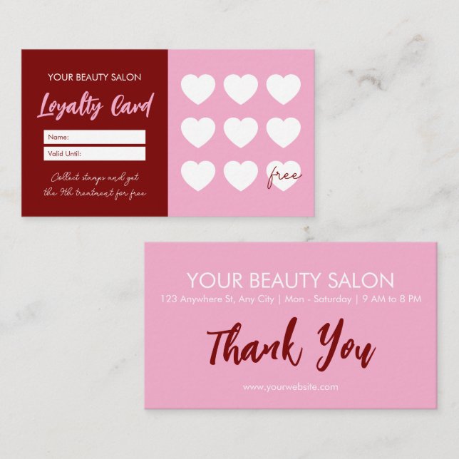 Red Pink Beauty Salon Loyalty ThankYou Reward Card Lojalitetskort (Fram/baksida)