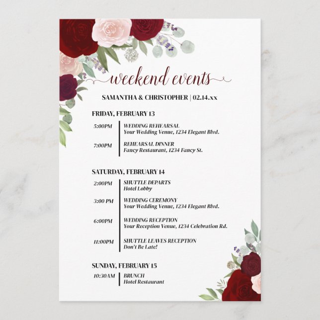 Red & Pink Boho Roses Wedding Events & Timeline Program (Framsida)