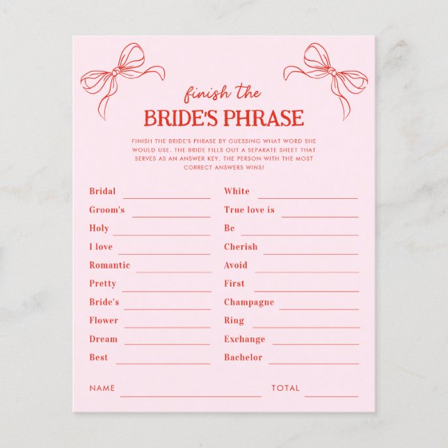 Red & Pink Bow Finish the Bride's Phrase Game (Framsida)