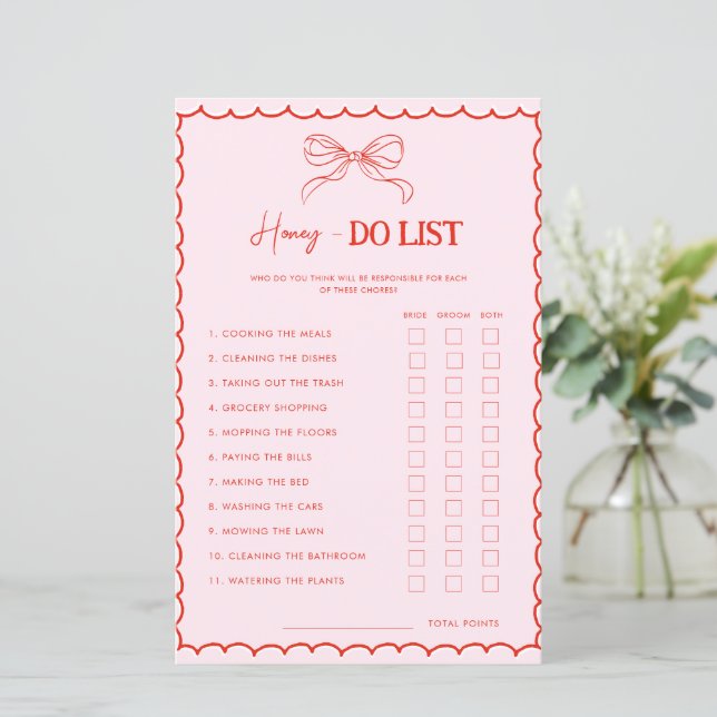 Red Pink Bow Xmas Honey Do List Bridal Shower Game (Stående Fram)