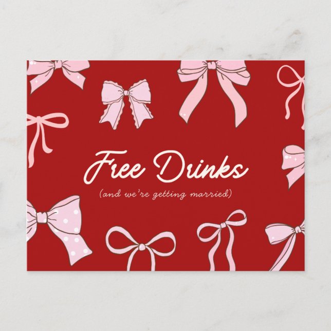 Red Pink Coquette Bow Free Drinks Save the Date Meddelande Vykort (Framsida)