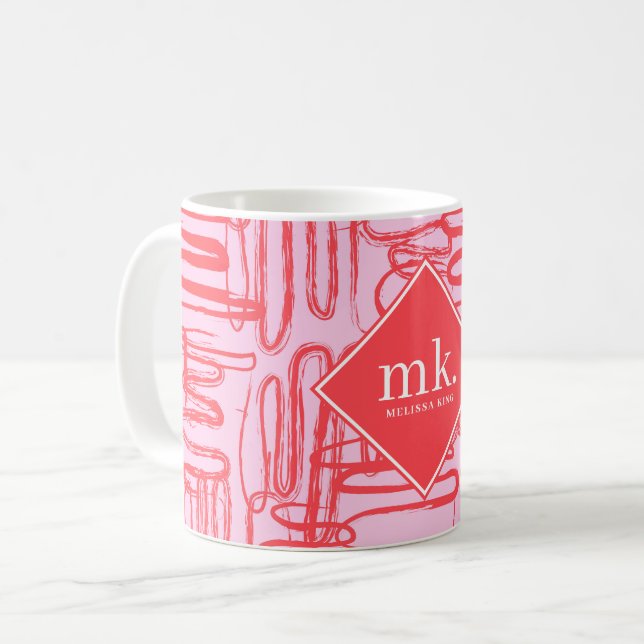 Red Pink Curve Wavy Squiggle Abstract Monogrammed Kaffemugg (Framsida vänster)