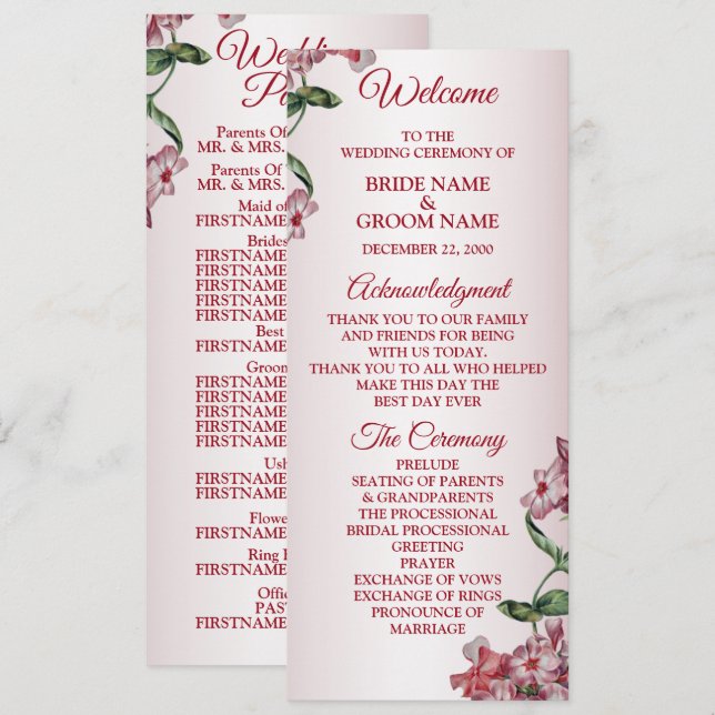 Red Pink Floral Green Leaves Modern Wedding Program (Fram/baksida)