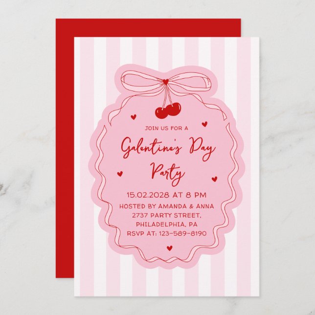 Red Pink Girly Coquette Bow Galentine's Day Party Inbjudningar (Fram/baksida)
