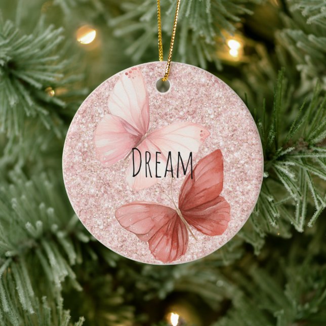 Red Pink Glitter Butterflies Christmas Julgransprydnad Keramik (Träd)