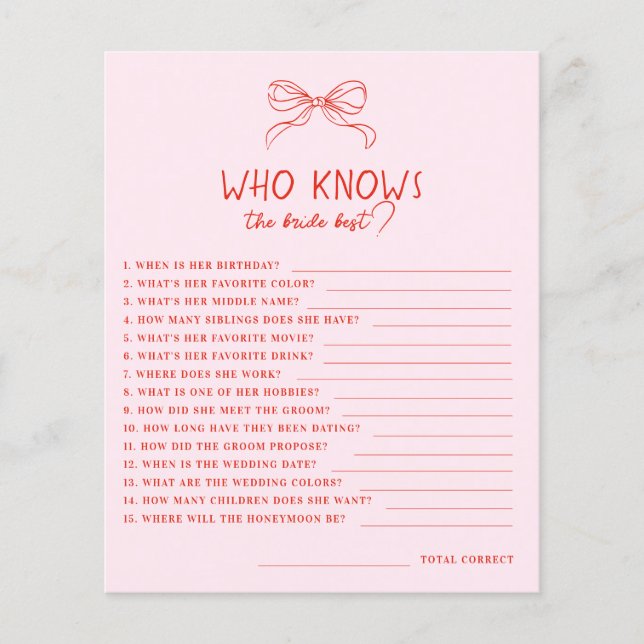 Red Pink Hand Drawn Bow Who Knows Bride Best Game (Framsida)