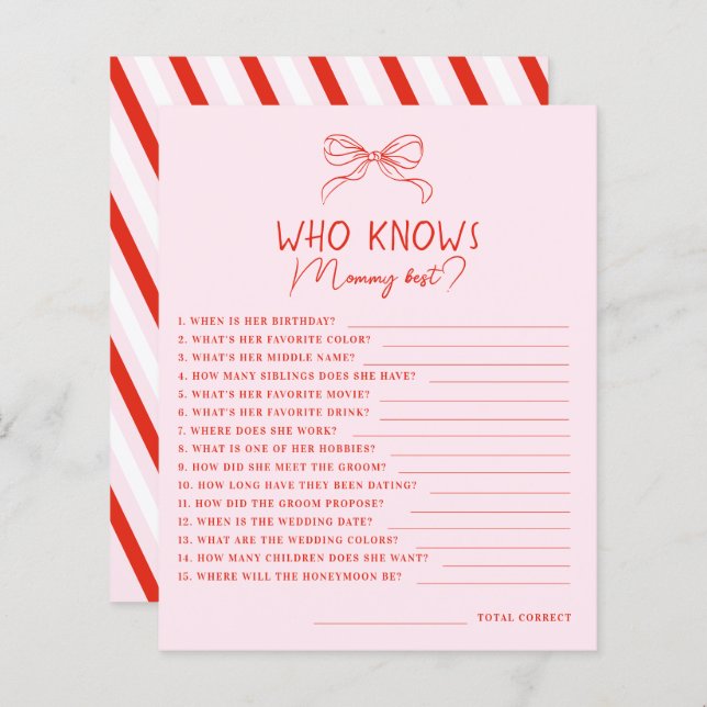 Red Pink Hand Drawn Bow Who Knows Mommy Best Game (Fram/baksida)