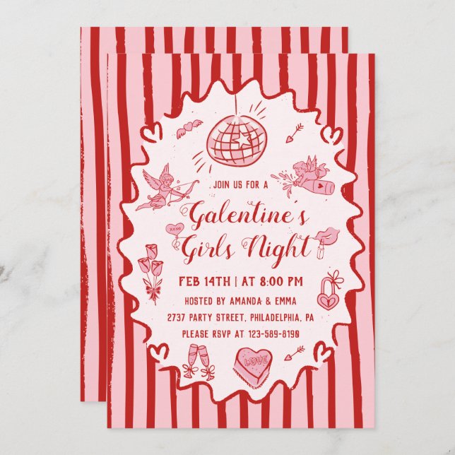 Red Pink Hand Drawn Galentine's Girls Night Party Inbjudningar (Fram/baksida)