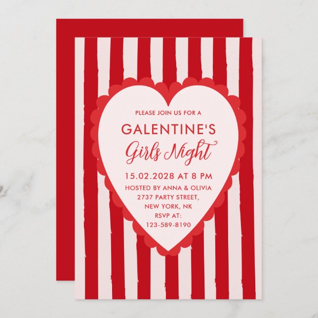 Red Pink Hand Drawn Galentine's Girls Night Party Inbjudningar (Fram/baksida)