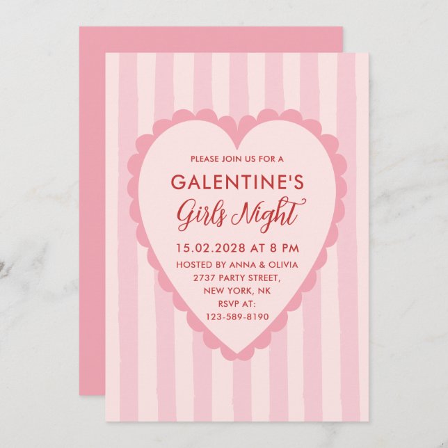 Red Pink Hand Drawn Galentine's Girls Night  Party Inbjudningar (Fram/baksida)