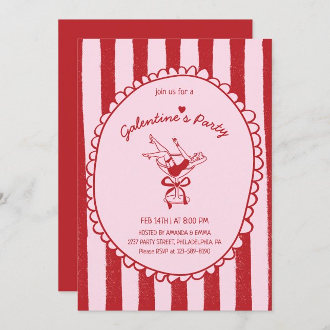 Red Pink Hand Drawn Galentine's Party Inbjudningar (Fram/baksida)