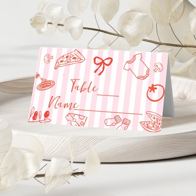 Red & Pink Hand Drawn Pizza Baby Shower Place Card Placeringskort (Red and Pink Hand Drawn Pizza Place card)