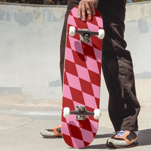 Red Pink Harlequin Checkered Design  Mini Skateboard Bräda 18,5 Cm (Skapare uppladdad)