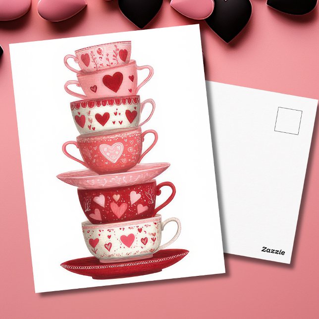 Red Pink Heart Mugs Valentine`s Day Card  Vykort (Skapare uppladdad)