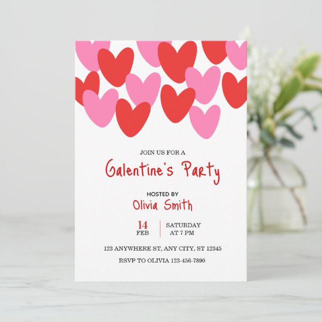 red pink hearts Galentine’s Day invitation, hearts Inbjudningar (Stående Fram)