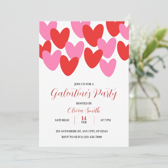 RED PINK HEARTS GALENTINES DAY PARTY INVITATION INBJUDNINGAR (Stående Fram)