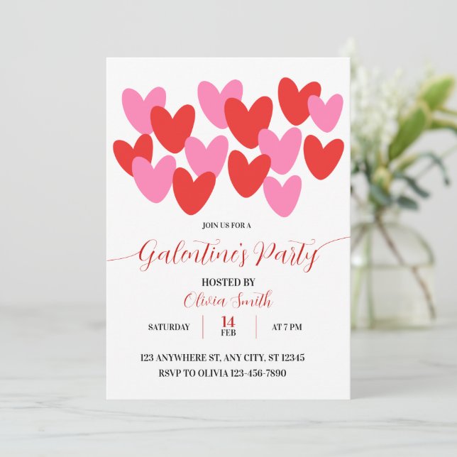 RED PINK HEARTS GALENTINES DAY PARTY INVITATION INBJUDNINGAR (Stående Fram)
