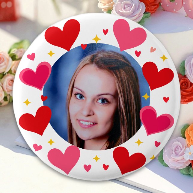 Red Pink Love Hearts Custom Photo Personalized Knapp (Skapare uppladdad)