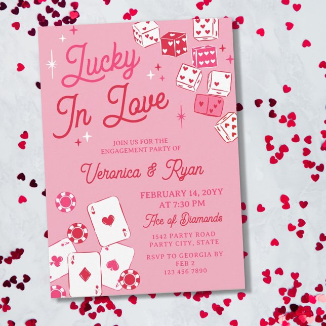Red Pink Lucky In Love Dice Cards Engagement Party Inbjudningar (Skapare uppladdad)