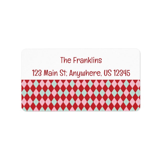 Red Pink & Mint Christmas Argyle Address Adressetikett (Framsidan)