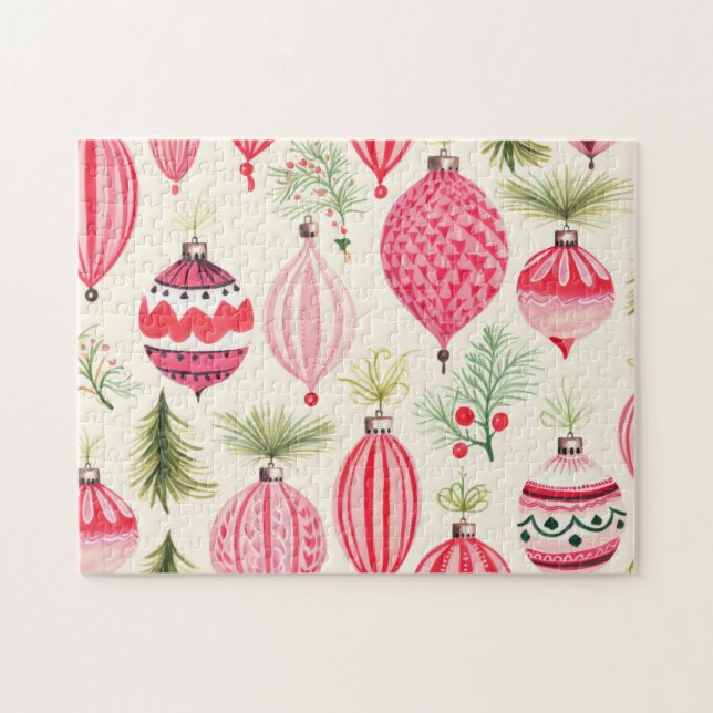 Red Pink Retro Ornaments Christmas Pussel (Horisontell)