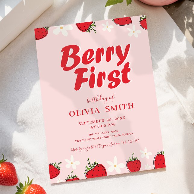 Red Pink Strawberry Berry First Birthday Inbjudningar (Skapare uppladdad)
