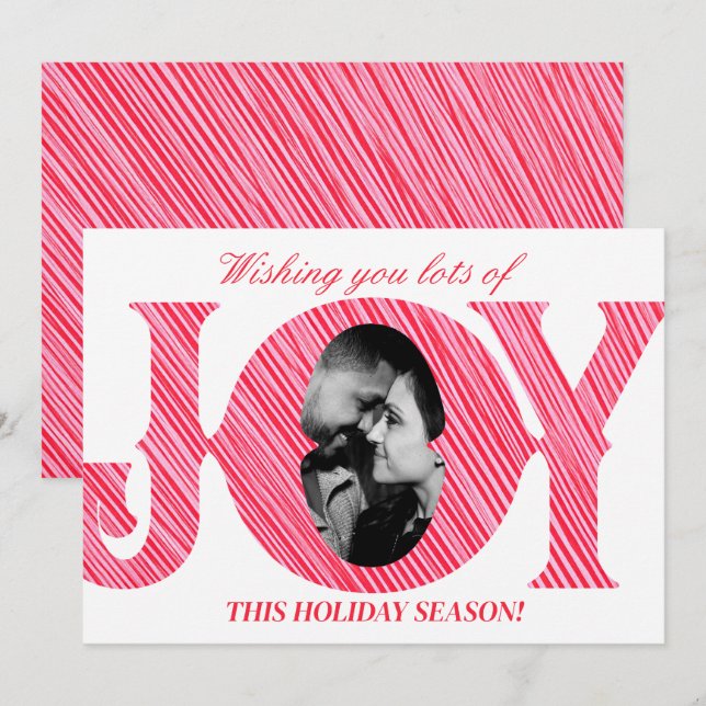 Red & Pink Stripe Holiday JOY Photo Christmas Card Inbjudningar (Fram/baksida)